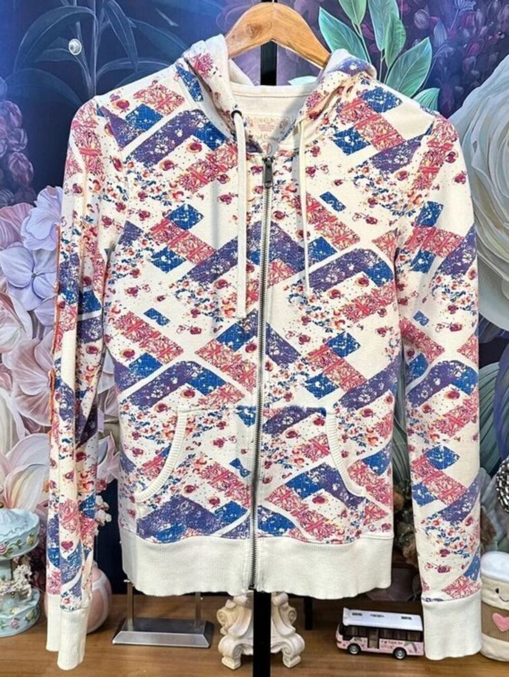 Red Camel L Patchwork Floral Zip Hoodie Americana Y2K Boho Cottagecore Retro